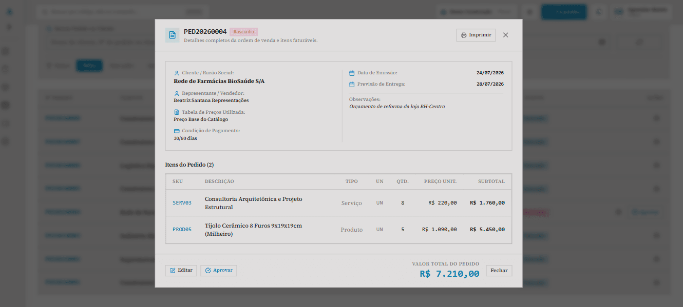 Detalhes de um pedido de venda com cliente, itens e valor total